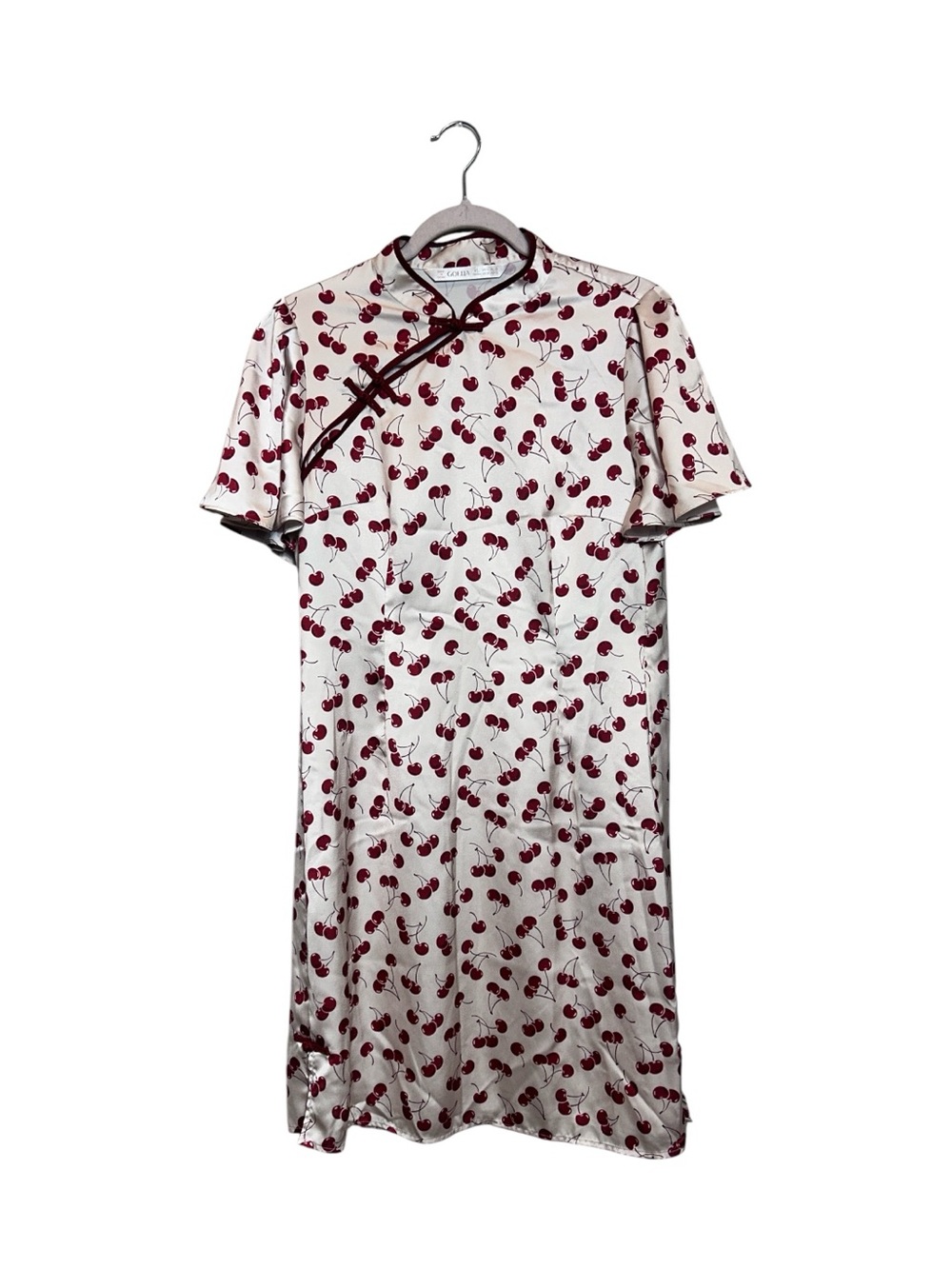 Cherry-Print Satin Dress with Mandarin Detail
